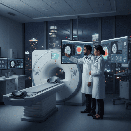 Equipo de imagen médica con inteligencia artificial realizando diagnóstico automático