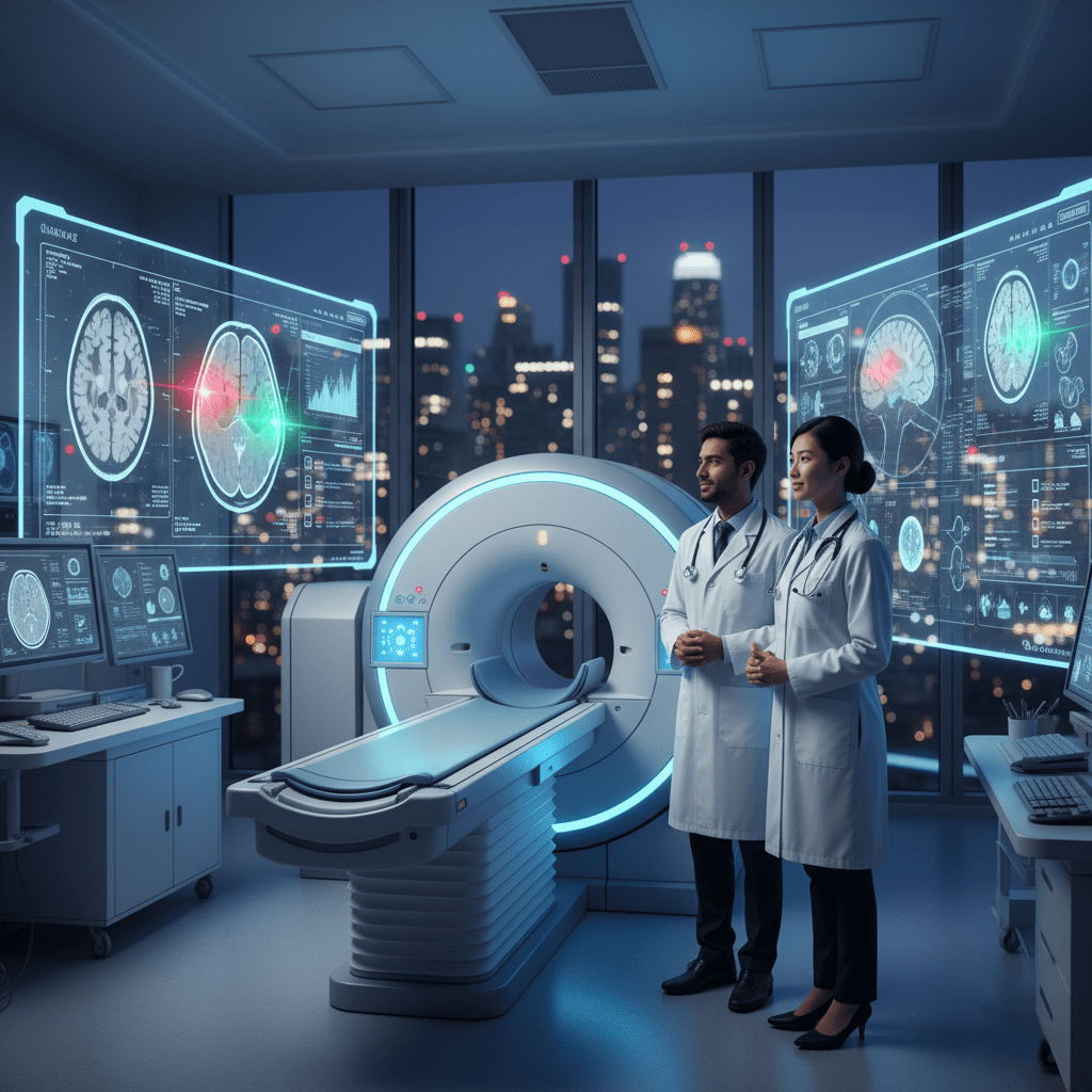 Equipo de imagen médica con inteligencia artificial realizando diagnóstico automático