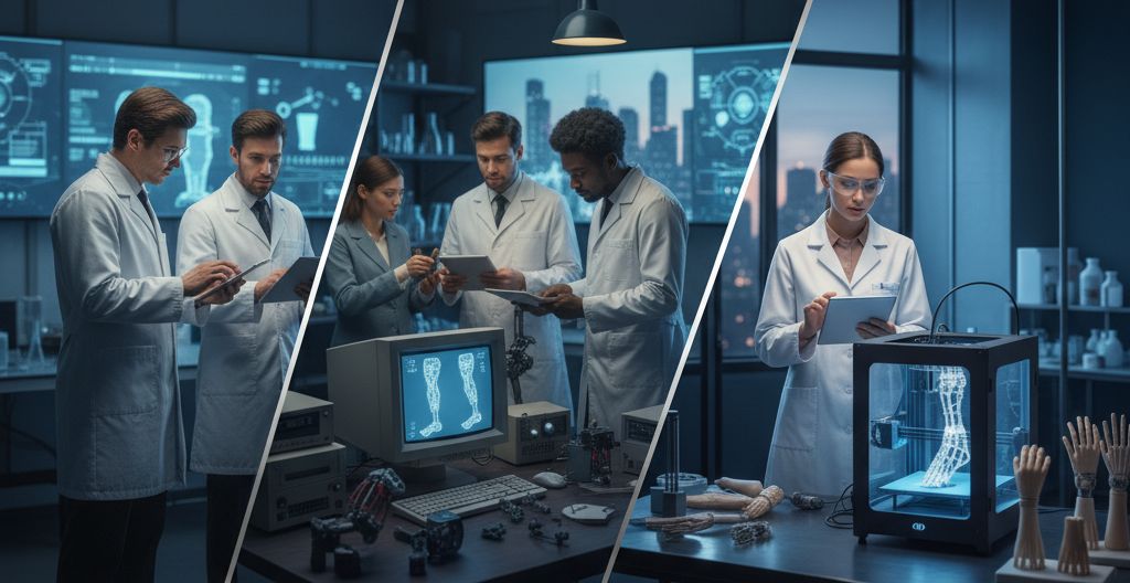 Inventor trabajando en una prótesis médica avanzada con diseño tecnológico