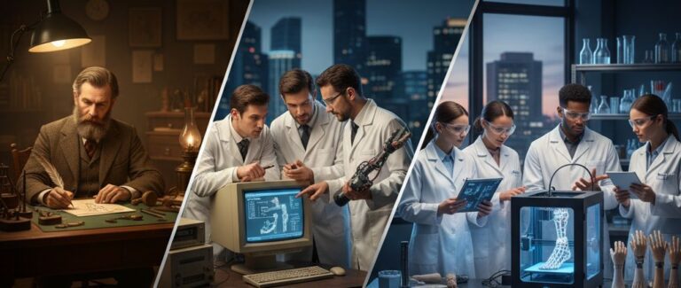 Inventores Clave en la Evolución de Prótesis Médicas Tecnológicas Inventor trabajando en una prótesis médica avanzada con diseño tecnológico