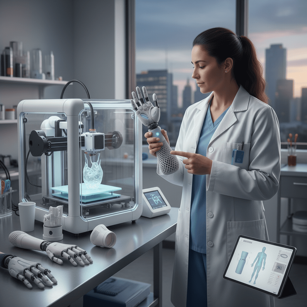 Prótesis médica impresa en 3D mostrando ajuste perfecto y materiales biocompatibles