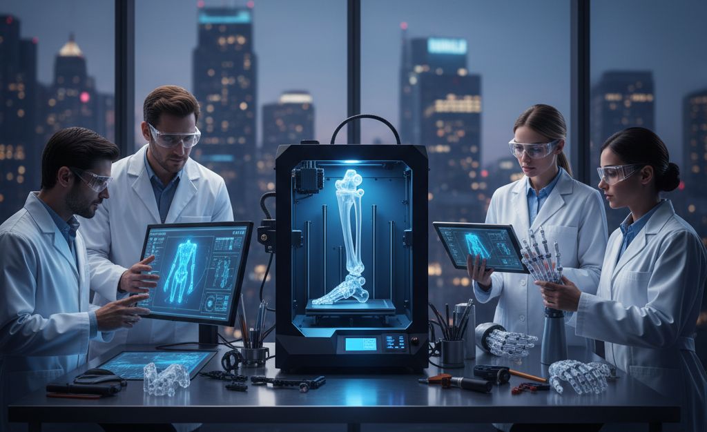 Inventor trabajando en una prótesis médica avanzada con diseño tecnológico